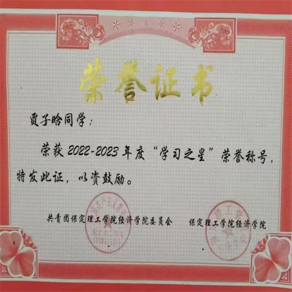 保定理工学院||经济学院||循梦而行，向阳而生|2023-2024学年国家奖学金获得者风采展示（三）——贾子晗