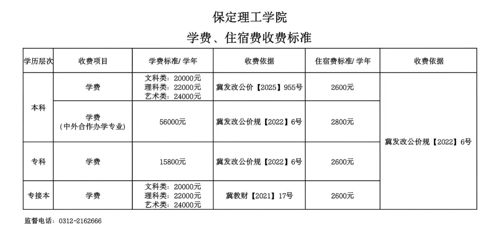 2026学年收费公示